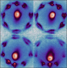 Confocal microscope image of waveguided photoluminescence in a hexagonal boron nitride waveguide. The lobe-pattern around the edges is reminiscent of koi circling a pond. Image taken by Samuel LaGasse in April 2023.

CREDIT
U.S. Naval Research Laboratory/Samuel LaGasse