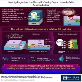 A novel method that employs palladium to inject hydrogen into the deeply buried oxide-metal electrode contacts of amorphous oxide semiconductors (AOSs) storage devices, which reduces contact resistance, has been developed by scientists at Tokyo Tech. This innovative method presents a valuable solution for addressing the contact issues of AOSs, paving the way for their application in next-generation storage devices and displays.

CREDIT
Assistant Professor Masatake Tsuji and Honorary Professor Hideo Hosono