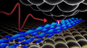 Michigan State University combined terahertz laser light, shown as a red wavy arrow, with a scanning tunneling microscope, or STM, tip  the dark pyramid shape exchanging a red electron with a sample shown with a blue surface.

CREDIT
Eve Ammerman