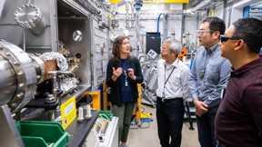 From left: Physicist and Group Leader Shelly Kelly describes the unique monochromator in the recently upgraded 25-ID beamline at the APS to Senior Chemist Zonghai Chen, Postdoc Jiyu Cai and Physicist Zhan Zhang.

Credit
(Image by Argonne National Laboratory/Mark Lopez.)