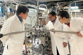 Researchers in the Quantum Materials Design and Synthesis Group (from left to right) Zhifei Yang, Bharat Jalan, and Fengdeng Liu who worked to create a new material to help improve the next generation of high-power electronics. Credit: Kalie Pluchel/University of Minnesota

Credit
Kalie Pluchel/University of Minnesota