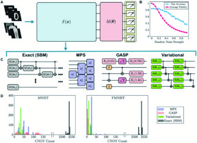 This diagram illustrates how the team reduces quantum circuit complexity in machine learning using three encoding methodsvariational, genetic, and matrix product state algorithms. All methods significantly reduce circuit depth while preserving accuracy, as shown by the histogram of reduced CNOT gate counts.

Credit
Maxwell T. West et al.