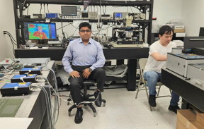 UCF NanoScience Technology Center Professor Debashis Chanda sits near an infrared camera image of himself in his lab. Chanda and his research group of UCF students developed a new long wave infrared detection technique. (Photo courtesy of Debashis Chanda)

Credit
Photo courtesy of Debashis Chanda