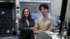 Professor Kelsey Hatzell and postdoctoral researcher Se Hwan Park stand in the Hatzell lab. (Photo by Bumper DeJesus)

Credit
Bumper DeJesus, Andlinger Center for Energy and the Environment