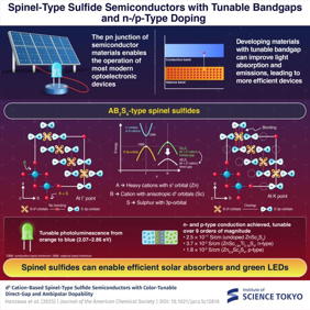 ZnSc2S4 exhibits a direct bandgap and can emit light from orange to blue. Its composition can be chemically tuned to switch between n-type and p-type conduction over nine orders of magnitude, making it suitable for LED and solar cell applications.

Credit
Institute of Science Tokyo